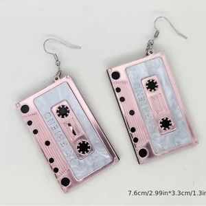 90s Hipster Retro Americana Cassette Music Tape J Hook Dangle Earrings Pink